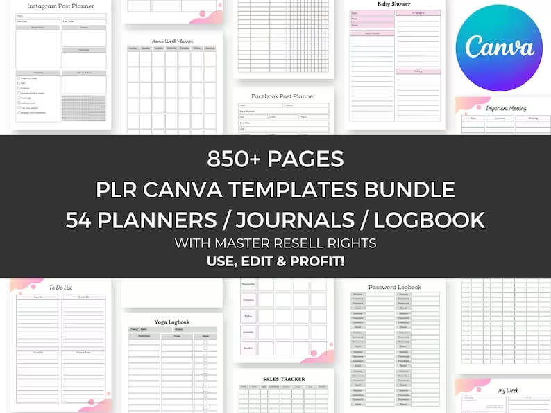 850 Pages PLR Planners/Journals/Templates - Master RESELL Rights, Planners (Editable & Printable)