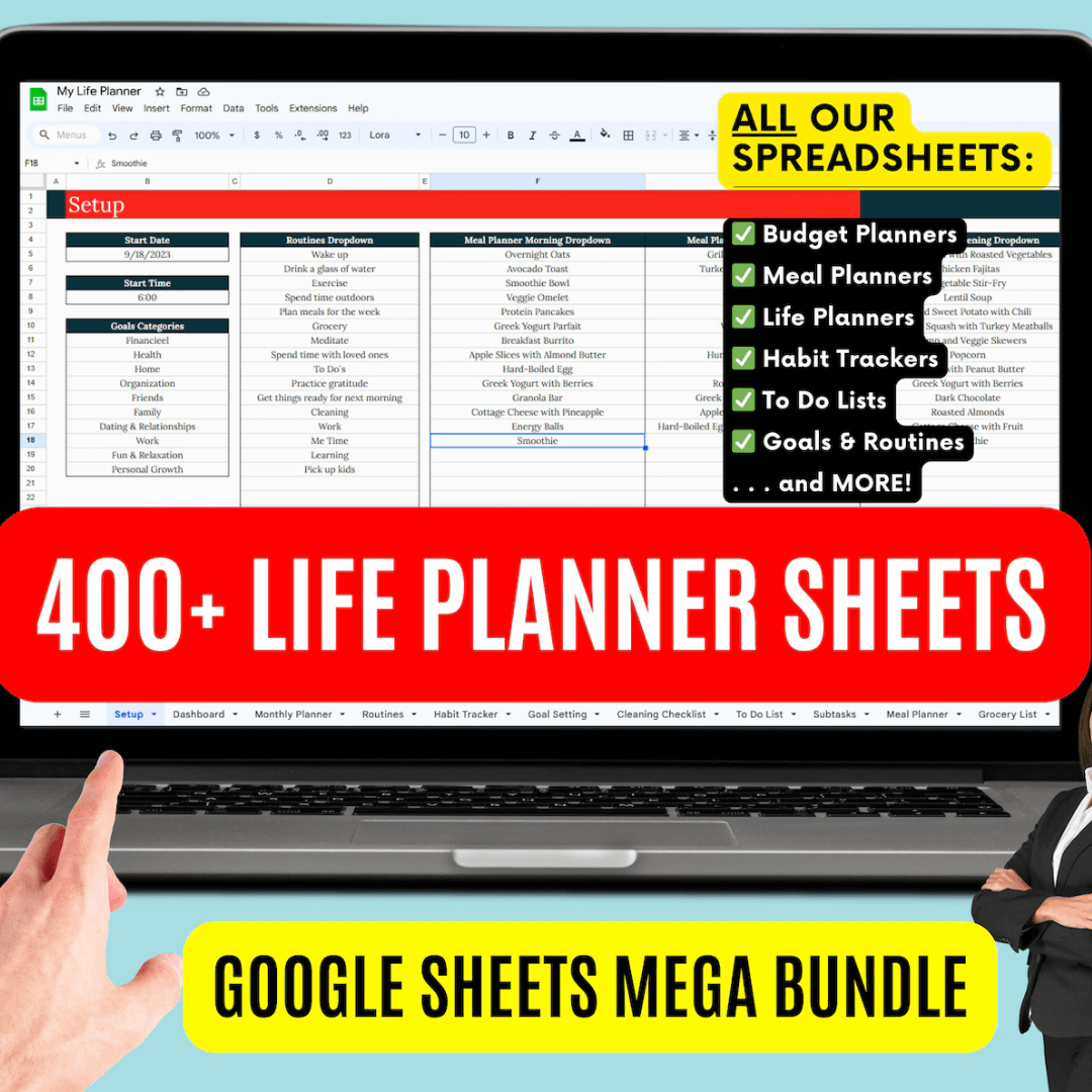 400 Google Sheets & Planners: The Ultimate Life Planner, Meal Planning, Habit Tracker, Bucket List, Fitness Planner, To Do List (with Resell Rights)