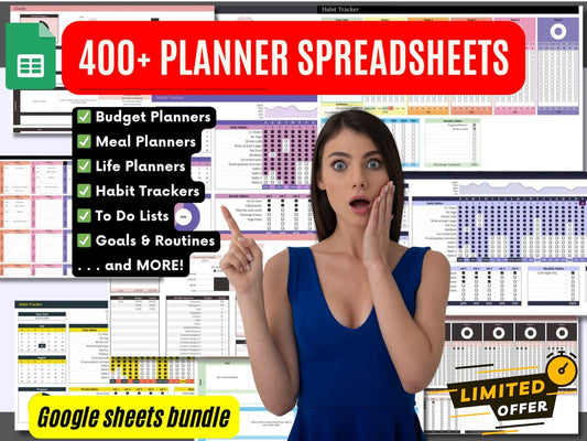 400 Google Sheets & Planners: The Ultimate Life Planner, Meal Planning, Habit Tracker, Bucket List, Fitness Planner, To Do List (with Resell Rights)