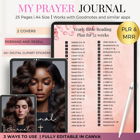 My Prayer Journal, & Bible Study Guide + 40 Digital Clipart Stickers (PLR & MRR Rights Included)