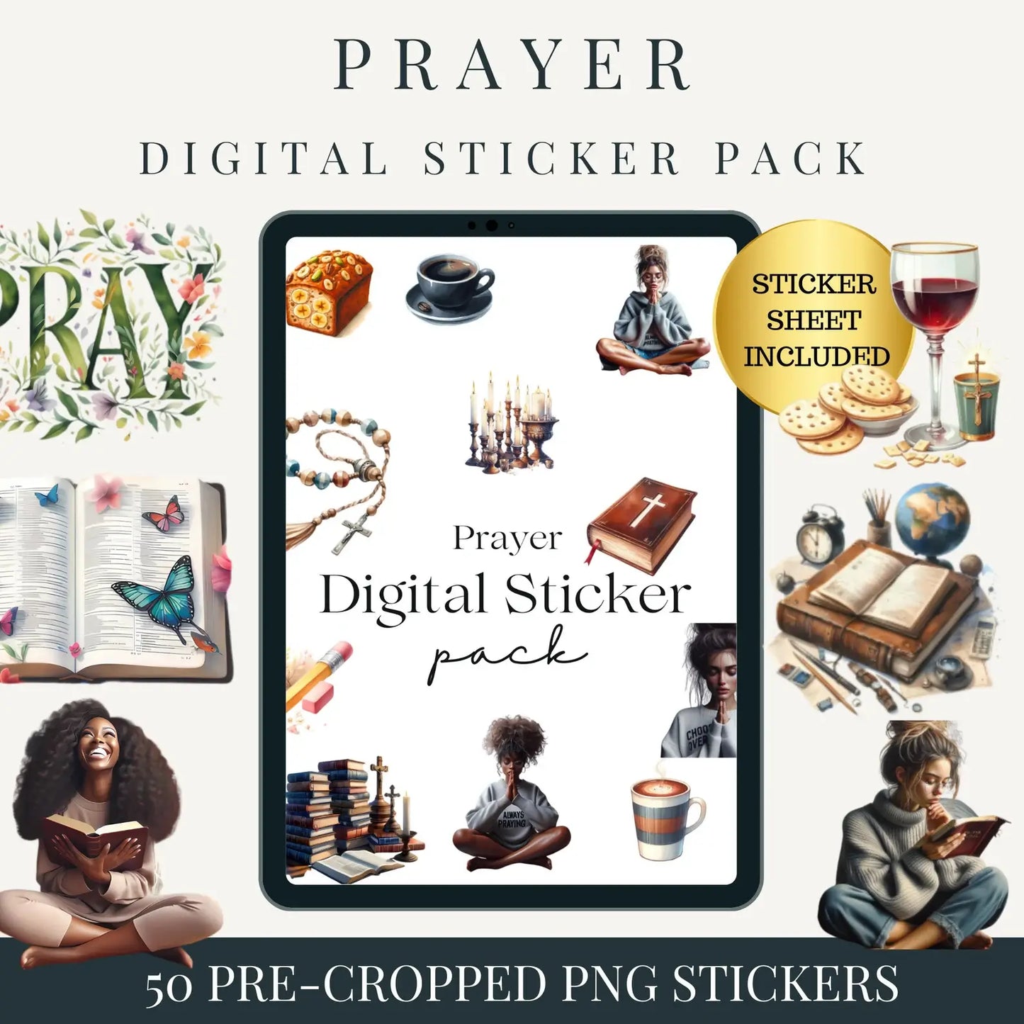 My Prayer Journal, & Bible Study Guide + 40 Digital Clipart Stickers (PLR & MRR Rights Included)